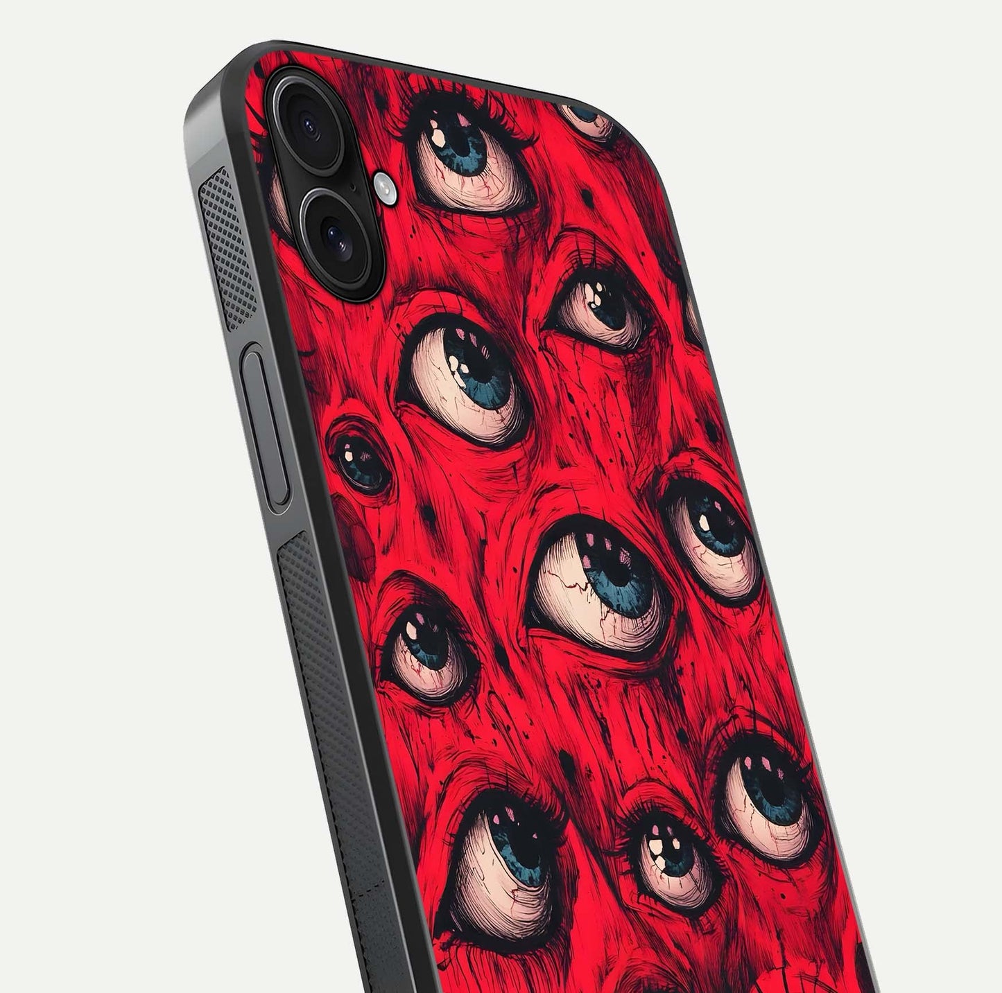 Crimson Watch Eyes Glass Case for iPhone 16 Plus close-up highlighting graphic detail and reflection