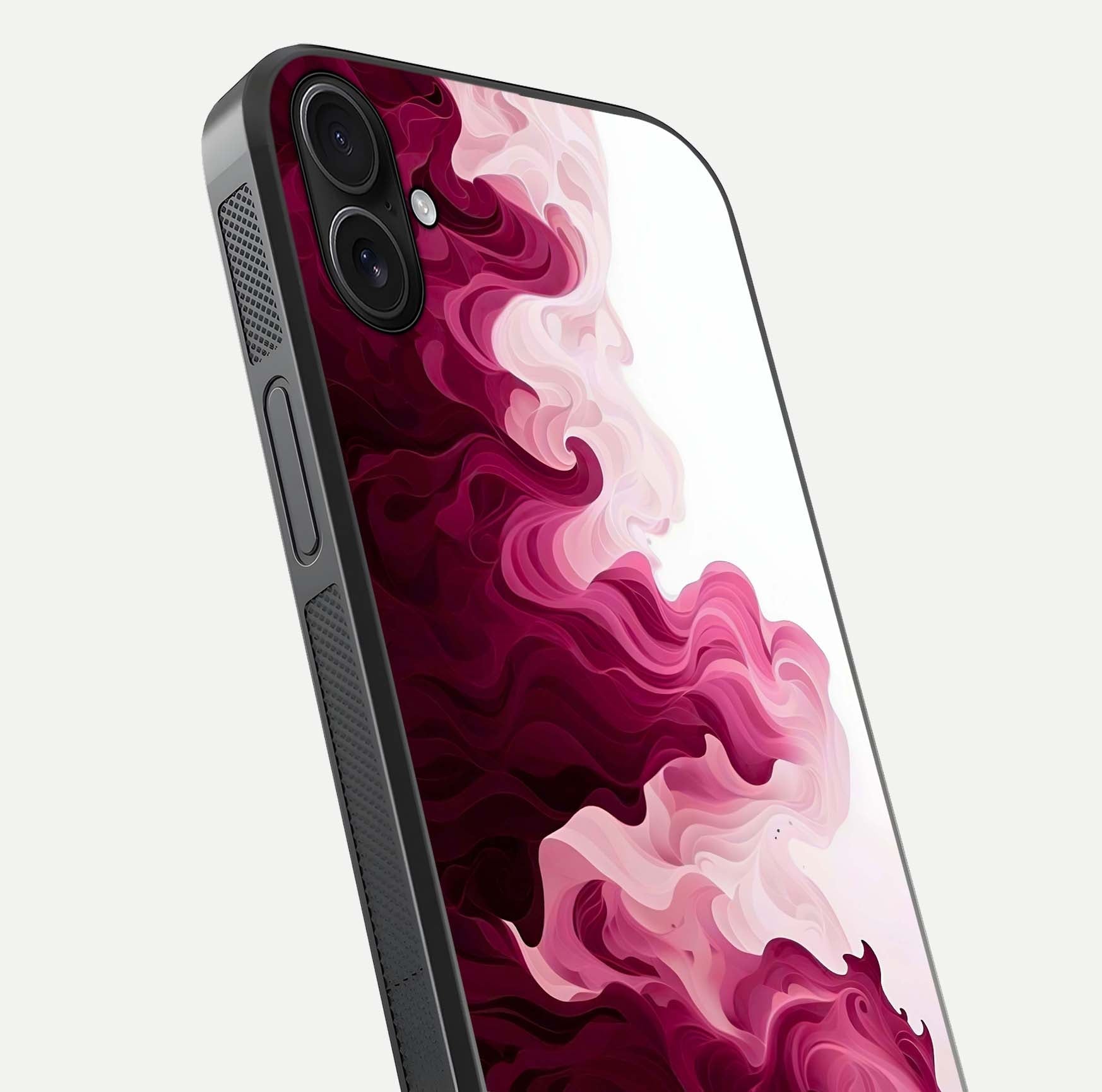 Crimson Wave Flow Glass Case for iPhone 16 Plus close-up highlighting flow texture and reflection tone