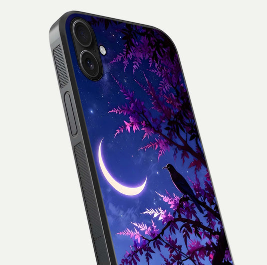 Crow & Moon Scenery Glass Case for iPhone 16 Plus close-up highlighting moon detail, dark tones, and glass reflection