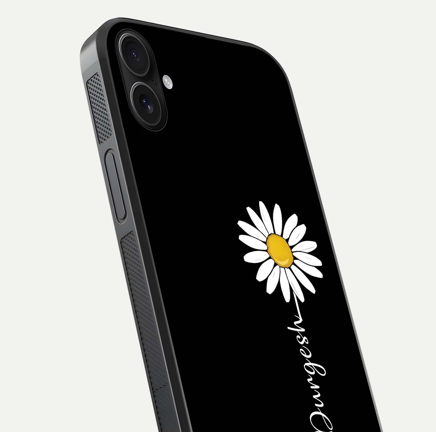 Custom Name White Flower Glass Case for iPhone 16 Plus close-up highlighting petals, name print, and reflection polish
