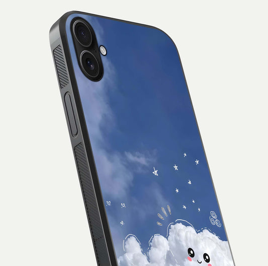 Cute Blossom Cloud Glass Case for iPhone 16 Plus close-up highlighting pink flower tones and reflection glow