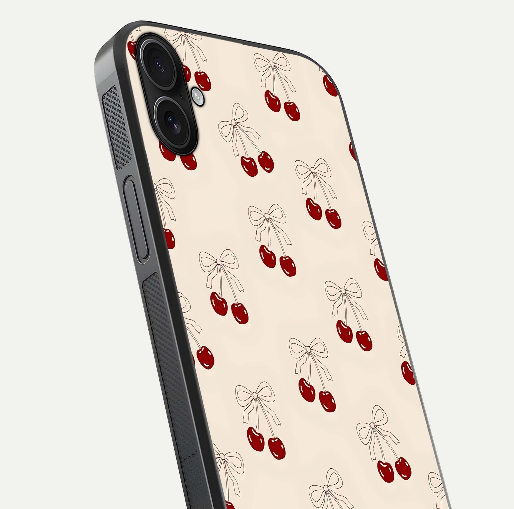 Cute Cherry Pattern Glass Case for iPhone 16 Plus close-up showing cherry cluster details and light reflection