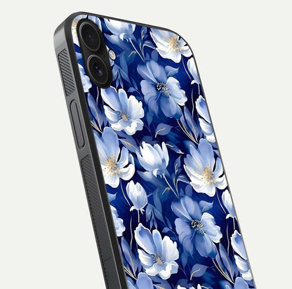 Cute Floral Patterns Glass Case for iPhone 16 Plus close-up highlighting flowers and gloss reflection