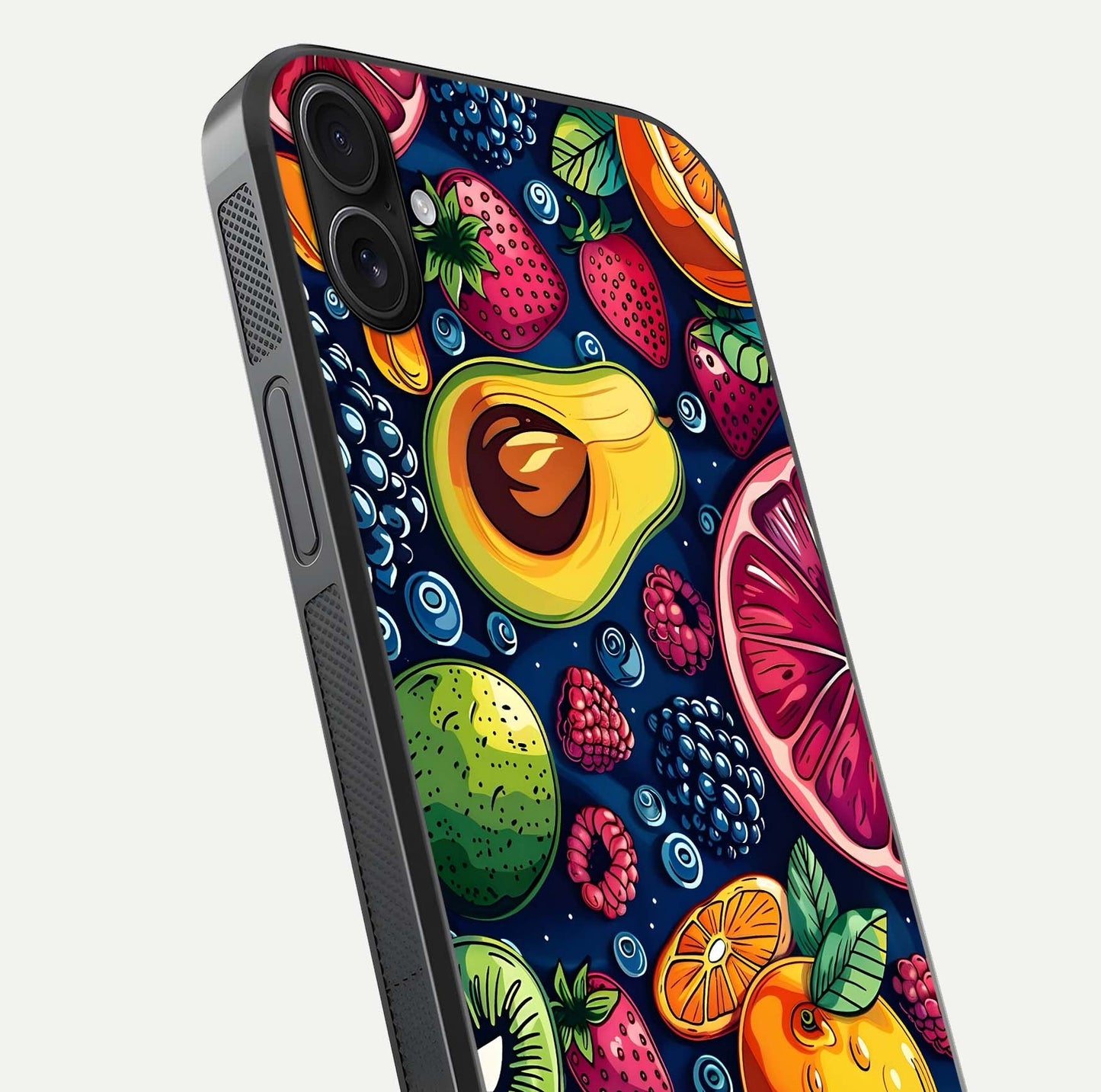 Cute Fruits Art Glass Case for iPhone 16 Plus close-up highlighting fruit shapes, color tones, and reflection polish