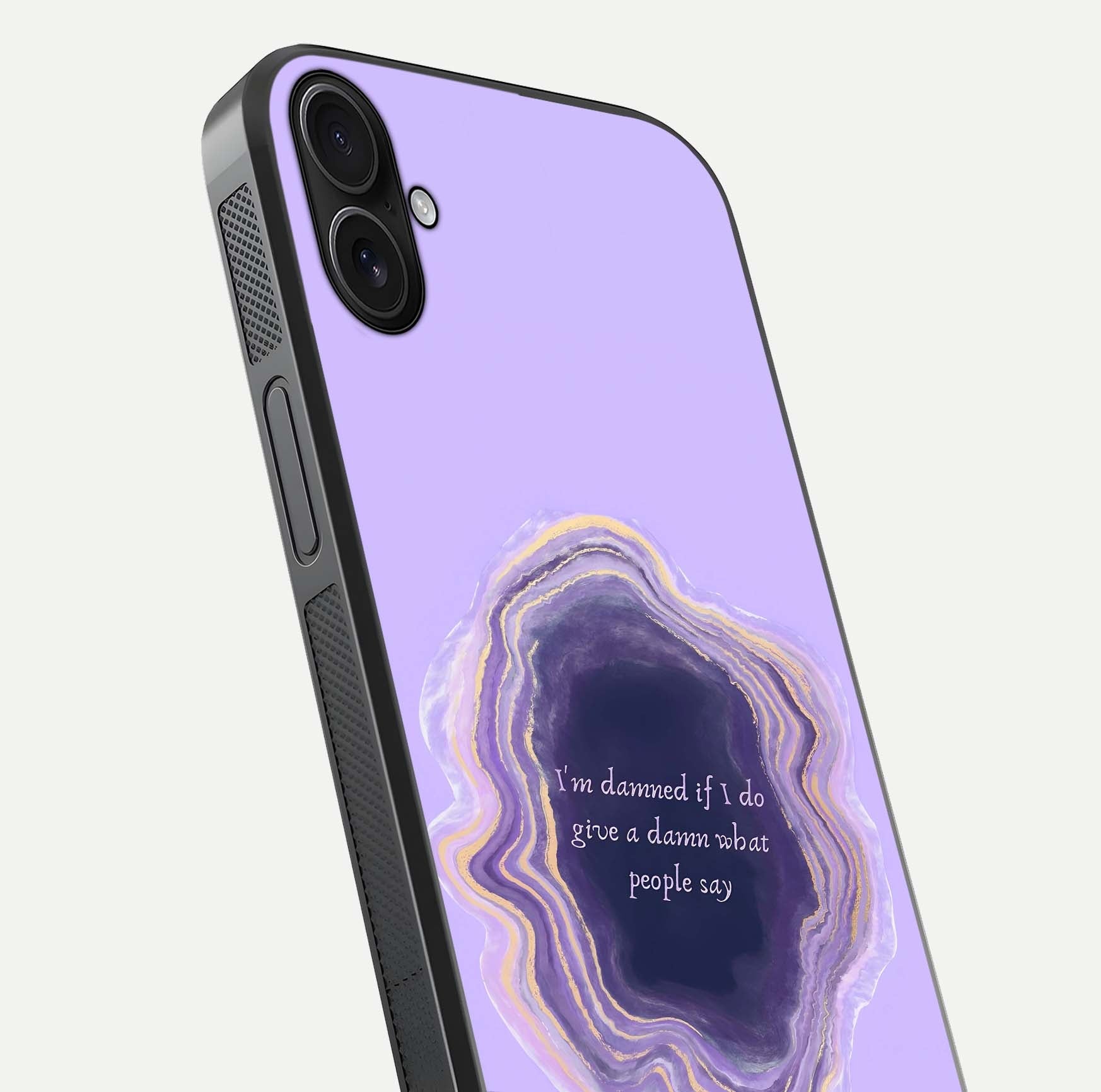 Damned People Quote Glass Case for iPhone 16 Plus close-up highlighting quote text and reflection depth
