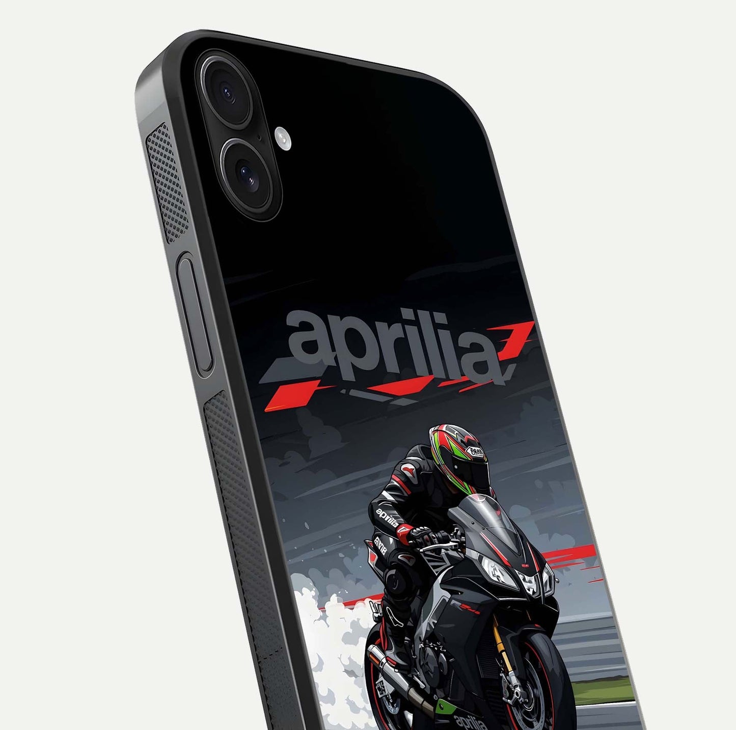 Dark Aprilla Glass Case for iPhone 16 Plus close-up highlighting detailing and reflection effect