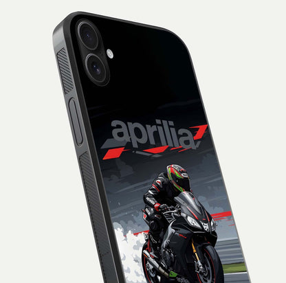 Dark Aprilla Glass Case for iPhone 16 Plus close-up highlighting detailing and reflection effect