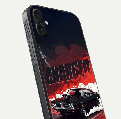 Dark Charger Fury Glass Case for iPhone 16 Plus close-up highlighting car reflection and light gloss