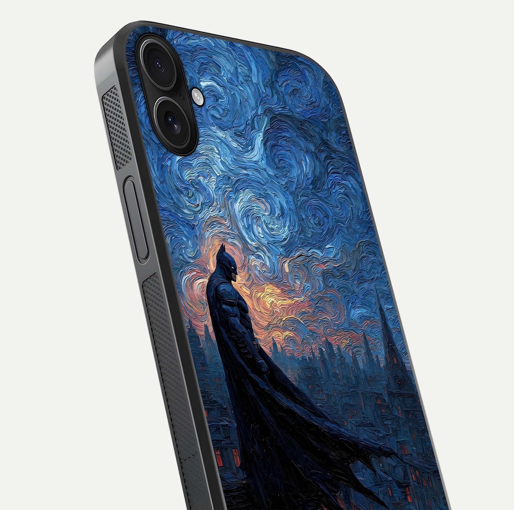 Dark Knight Dusk Glass Case for iPhone 16 Plus close-up highlighting dark suit texture and reflection detail