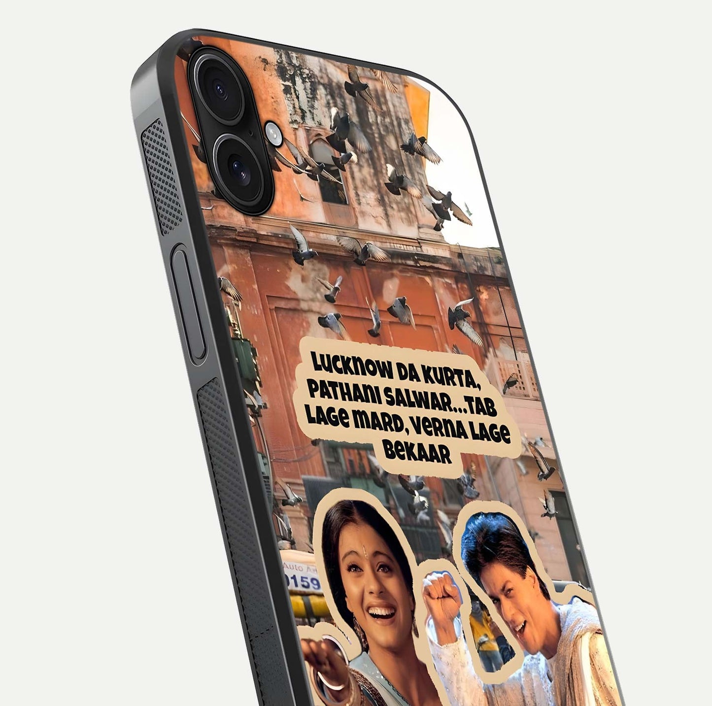 Desi Retro Vibes Glass Case for iPhone 16 Plus close-up highlighting retro color palette and reflection glow