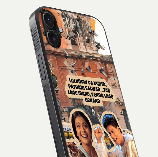 Desi Retro Vibes Glass Case for iPhone 16 Plus close-up highlighting retro color palette and reflection glow
