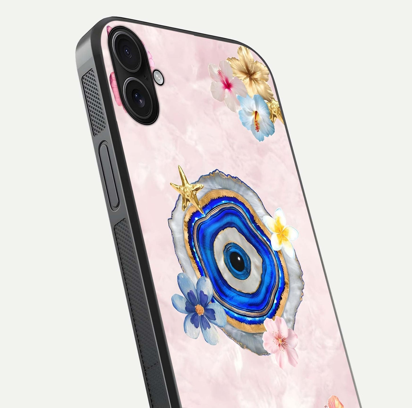 Divine Aura Bloom Glass Case for iPhone 16 Plus close-up highlighting flower glow and reflection tone
