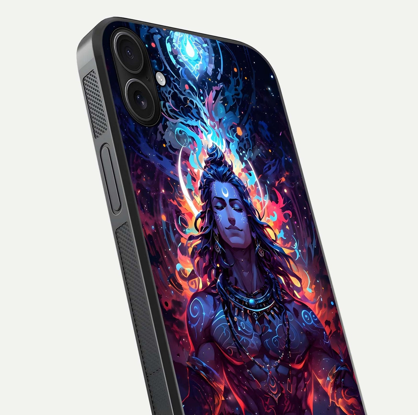 Divine Fire Shiv Glass Case for iPhone 16 Plus close-up highlighting divine detailing and reflection depth