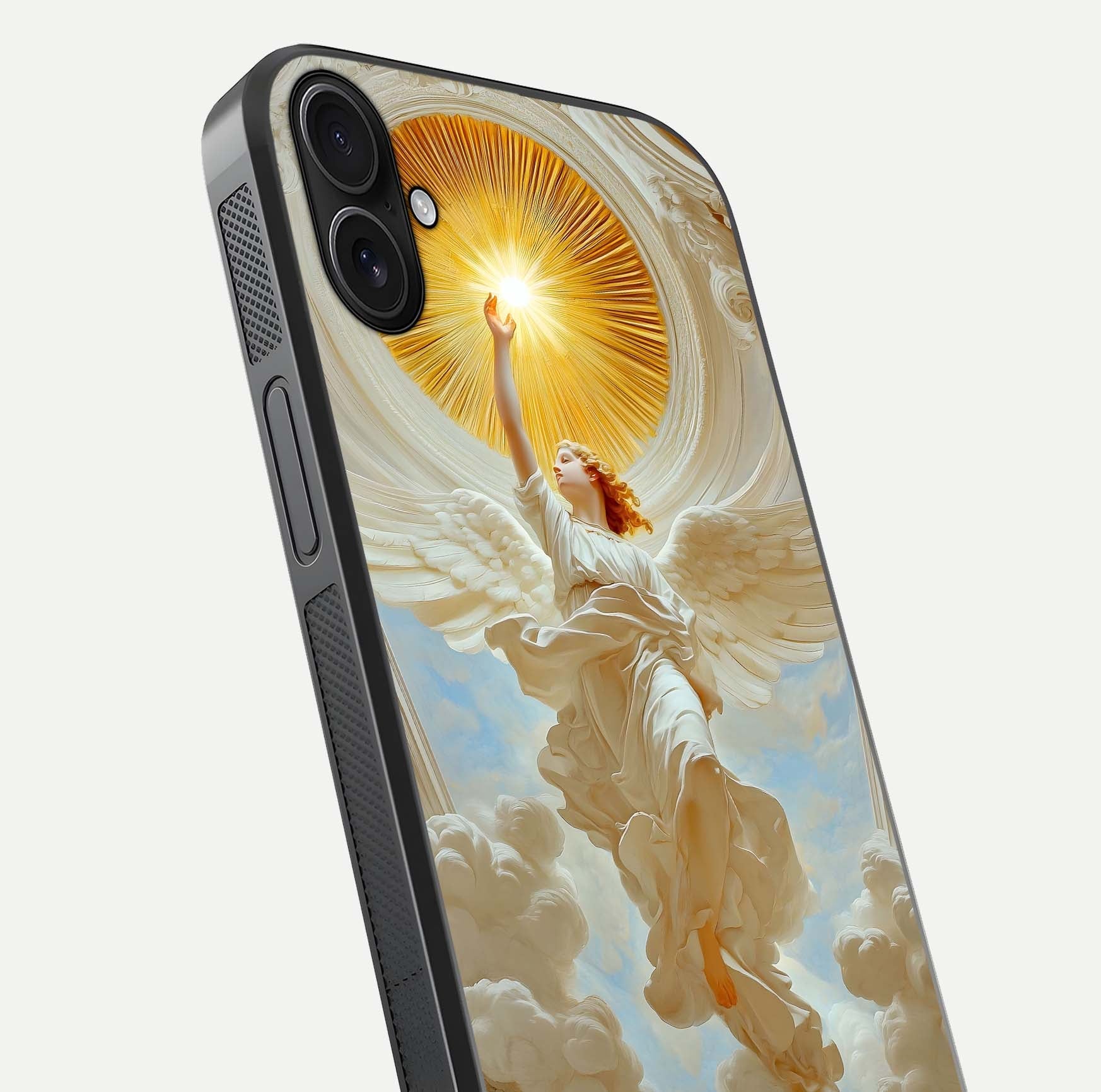 Divine Light Angel Glass Case for iPhone 16 Plus close-up highlighting light rays and glass reflection