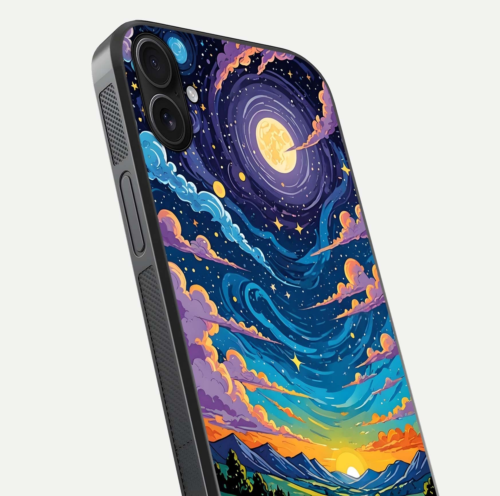 Dreamy Night Landscape Glass Case for iPhone 16 Plus close-up highlighting stars and reflection tone