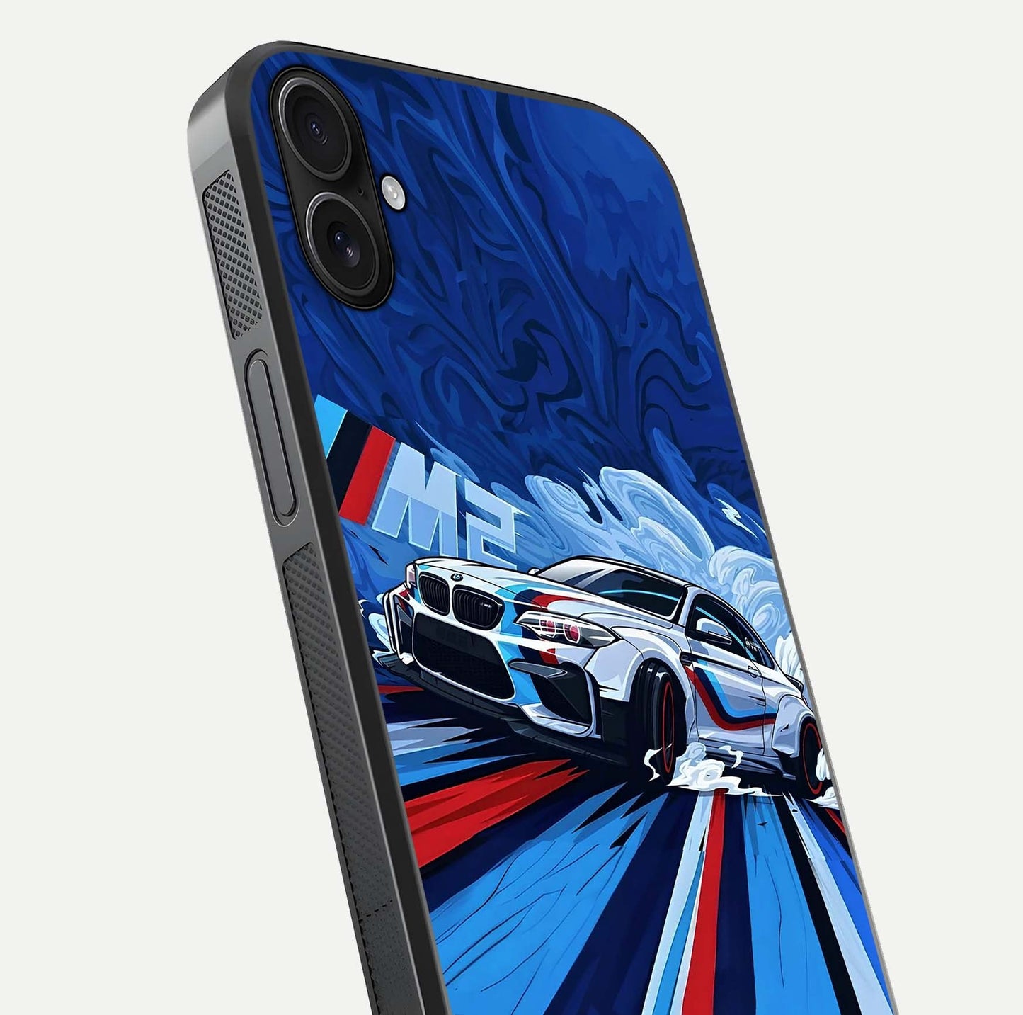 Drift Power Rush Glass Case for iPhone 16 Plus close-up highlighting car reflection and metallic tones