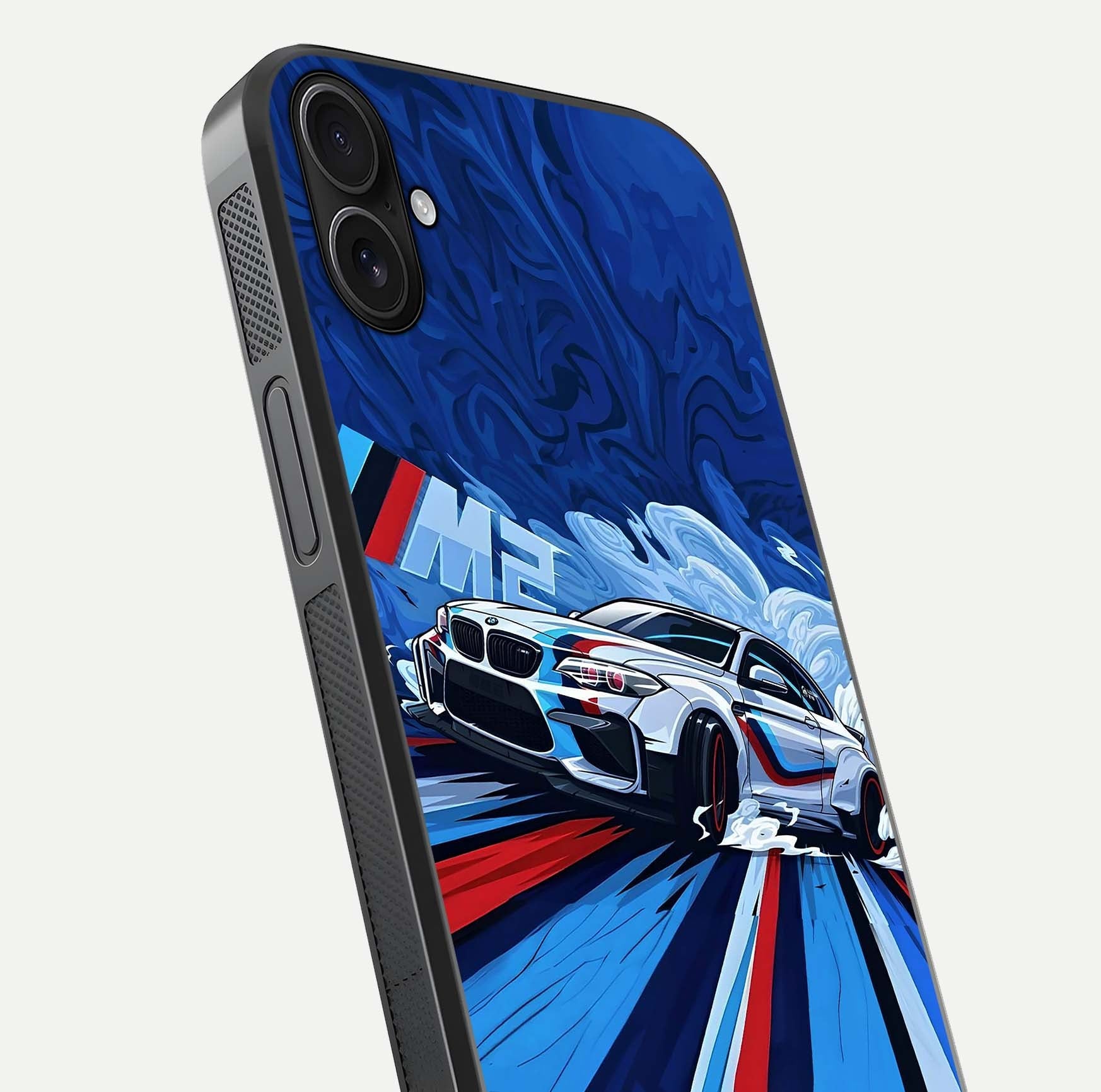 Drift Power Rush Glass Case for iPhone 16 Plus close-up highlighting car reflection and metallic tones