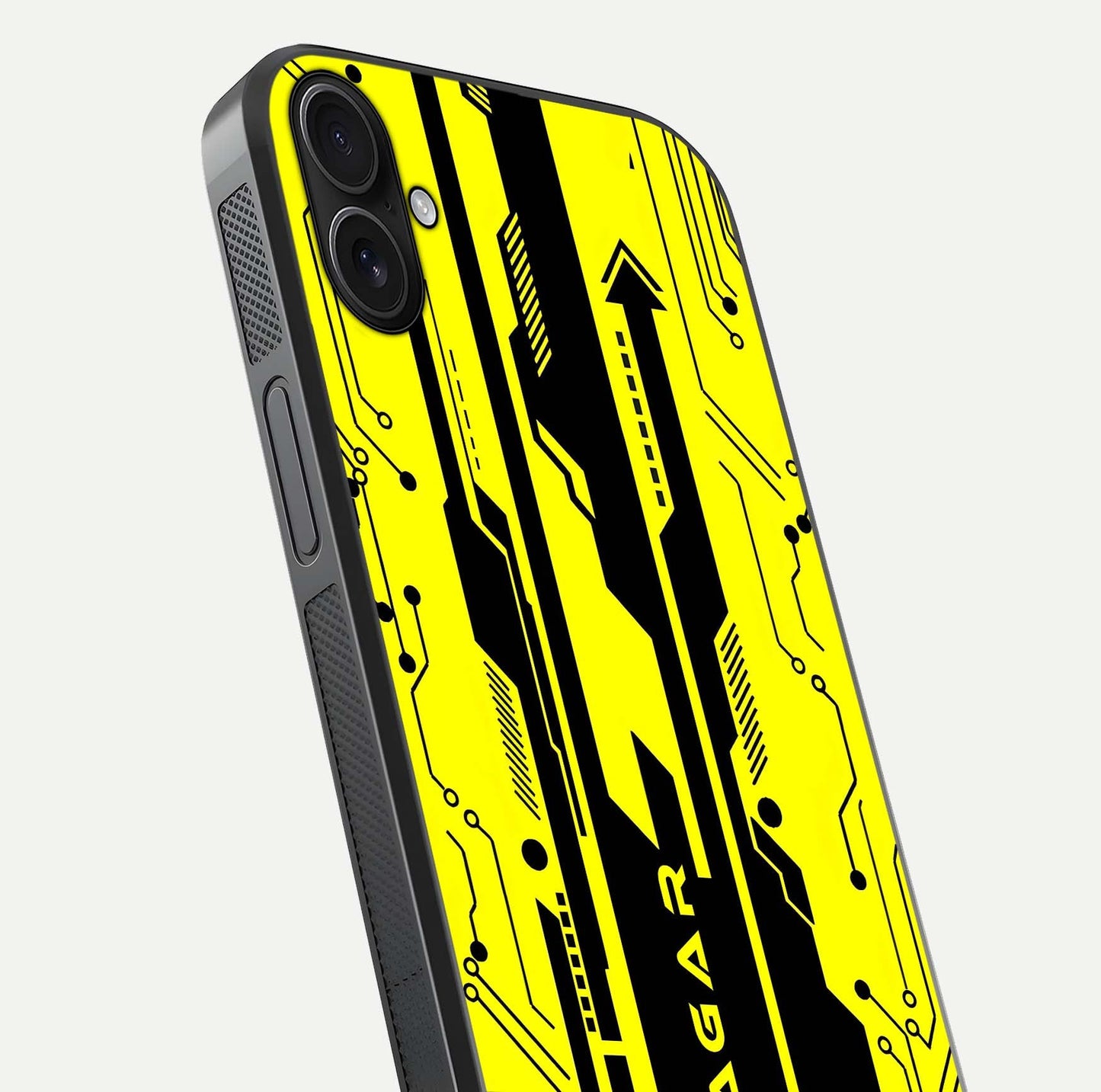 Electric Pulse CYBERPUNK Custom Name Glass Case for iPhone 16 Plus close-up highlighting tech pattern, lighting effect, and reflection shine
