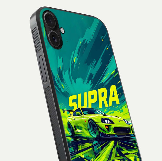 Electric Supra Thunder Glass Case for iPhone 16 Plus close-up highlighting car reflection, neon tones, and gloss polish