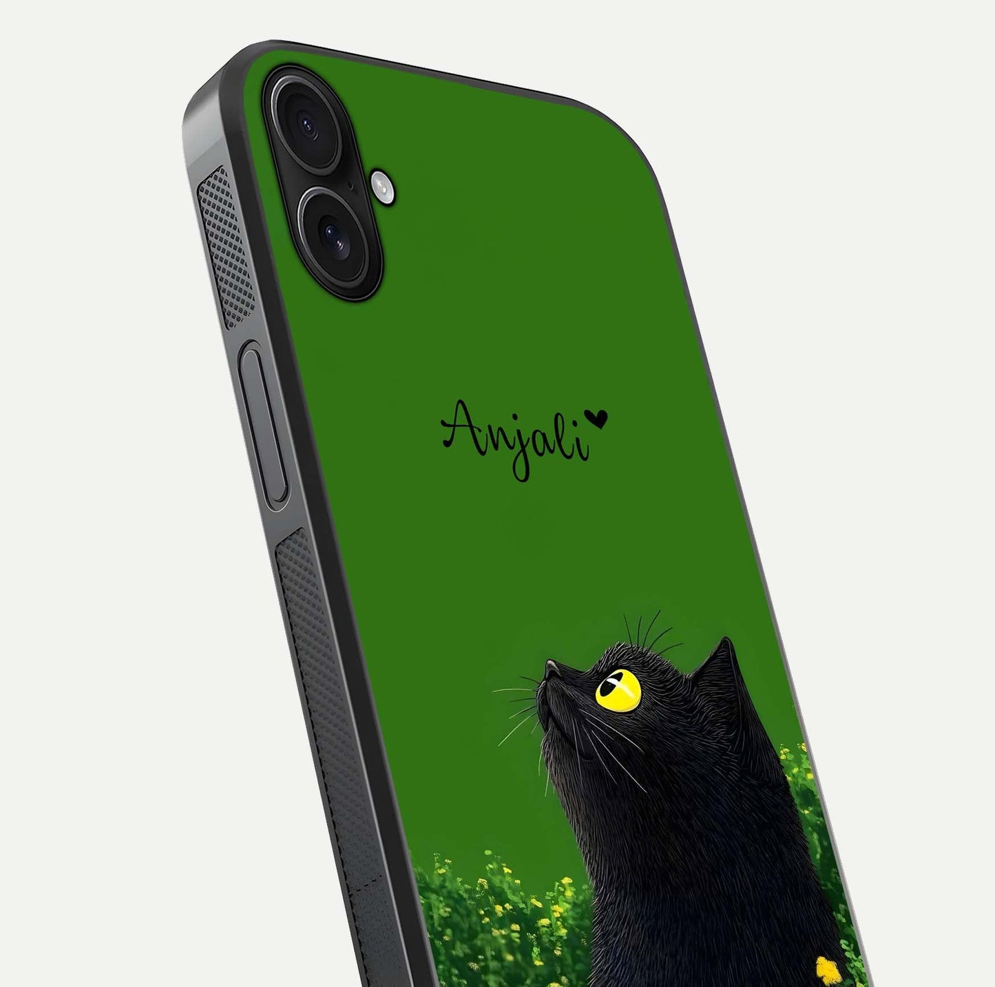 Emerald Cat Custom Name Glass Case for iPhone 16 Plus close-up highlighting feline detail, emerald hues, and reflection polish