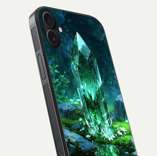 Emerald Light Crystal Glass Case for iPhone 16 Plus close-up highlighting crystal texture and reflection glow