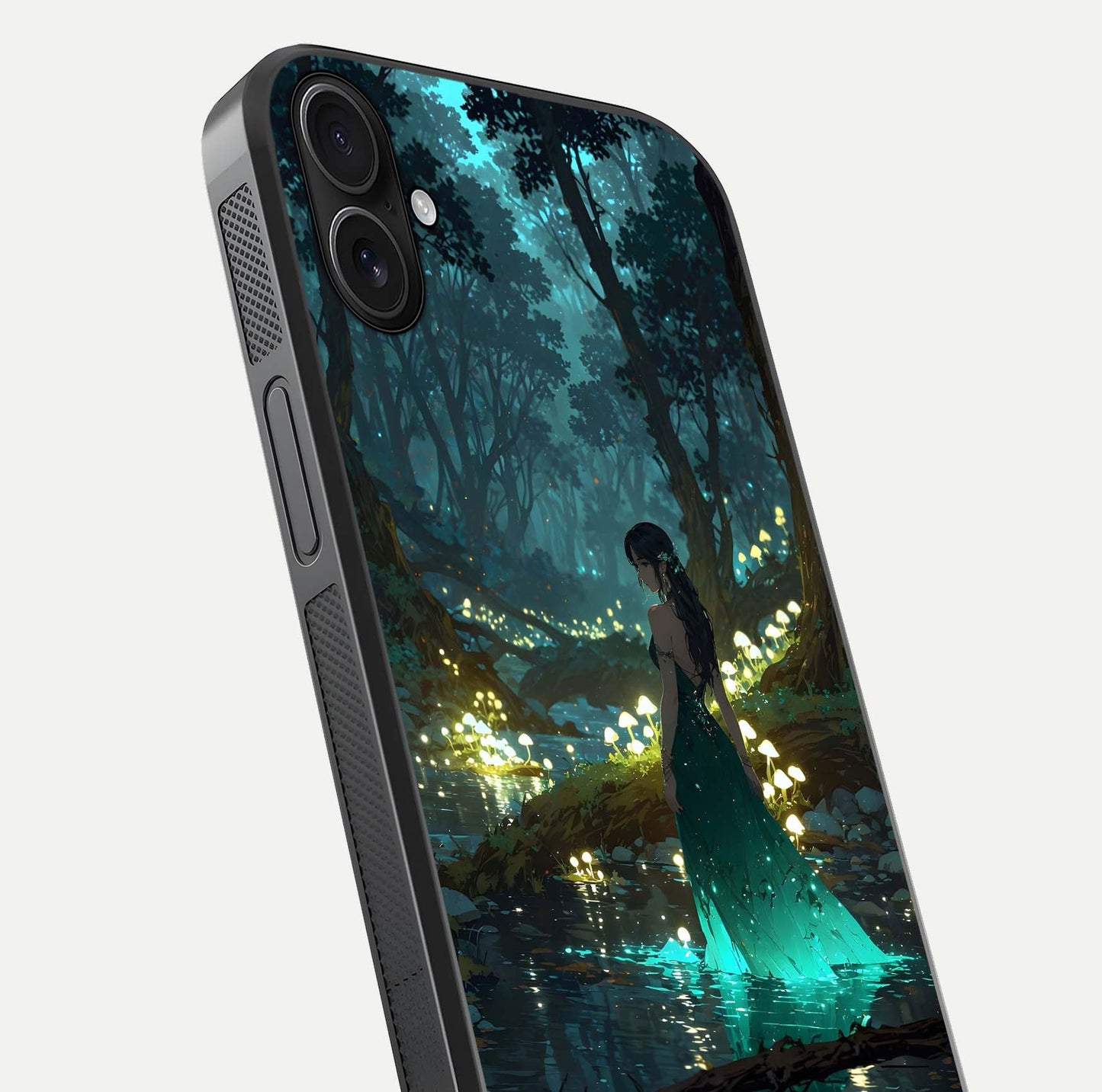 Enchanted Forest Glow Glass Case for iPhone 16 Plus close-up highlighting trees, lights, and reflection texture