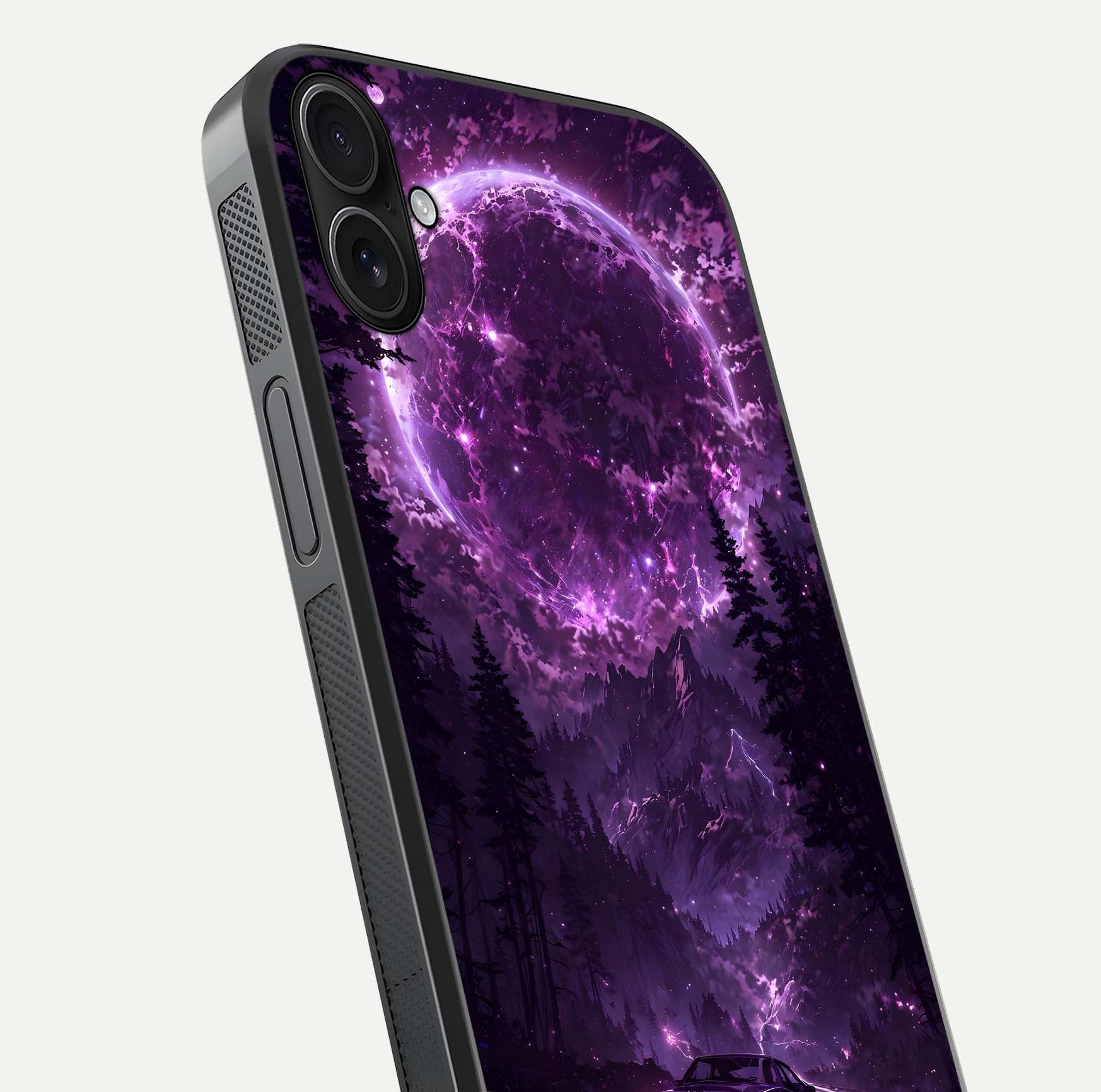 Eternal Cosmic Drive Glass Case for iPhone 16 Plus close-up highlighting cosmic lights and reflection depth
