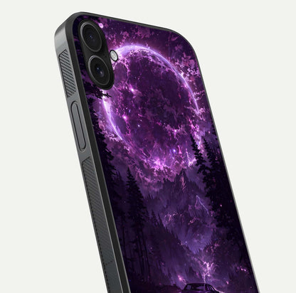 Eternal Cosmic Drive Glass Case for iPhone 16 Plus close-up highlighting cosmic lights and reflection depth