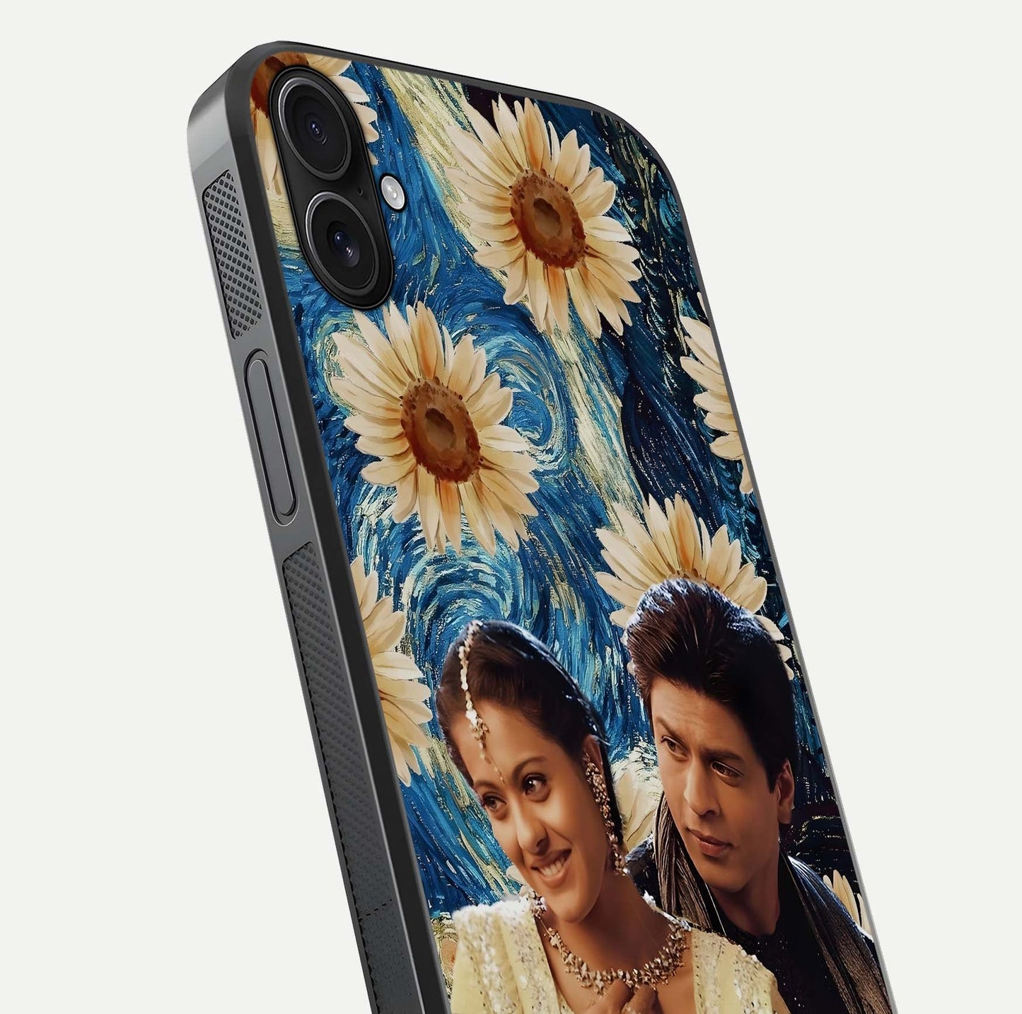 Eternal Love Story Glass Case for iPhone 16 Plus close-up highlighting couple detail and light reflection