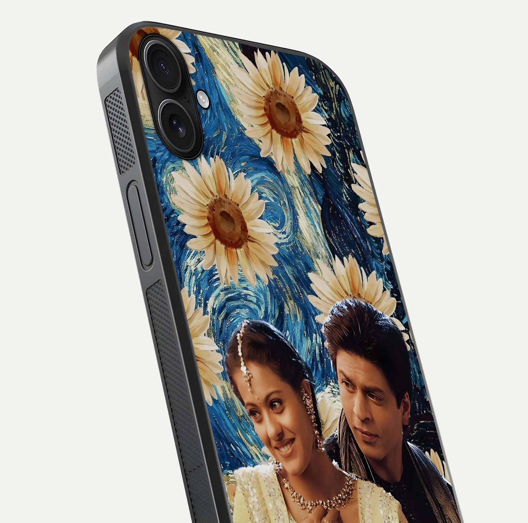 Eternal Love Story Glass Case for iPhone 16 Plus close-up highlighting couple detail and light reflection