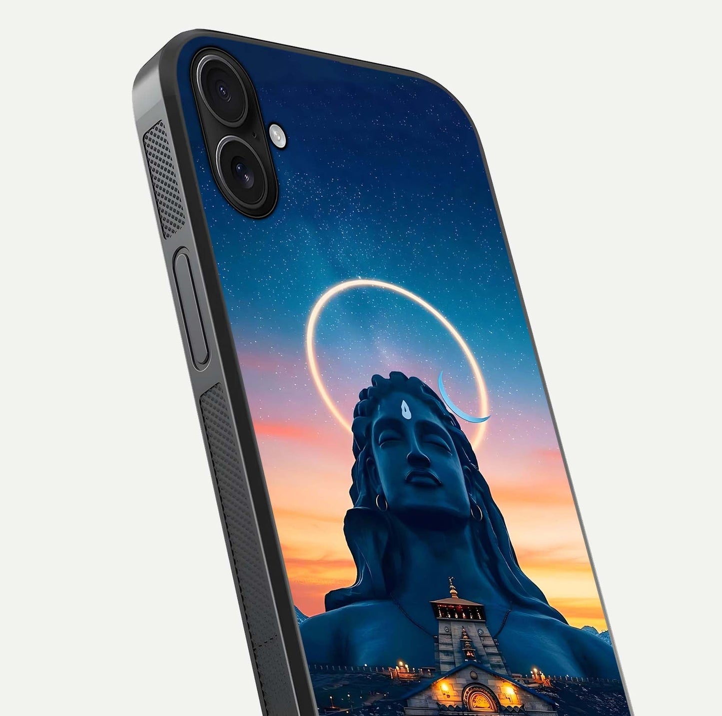 Eternal Shiva Aura Glass Case for iPhone 16 Plus close-up highlighting divine detailing and reflection light