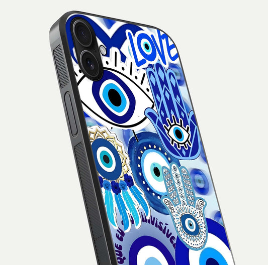 Evil Eyes Dream Glass Case for iPhone 16 Plus close-up highlighting evil-eye charm detail and light reflection on glass