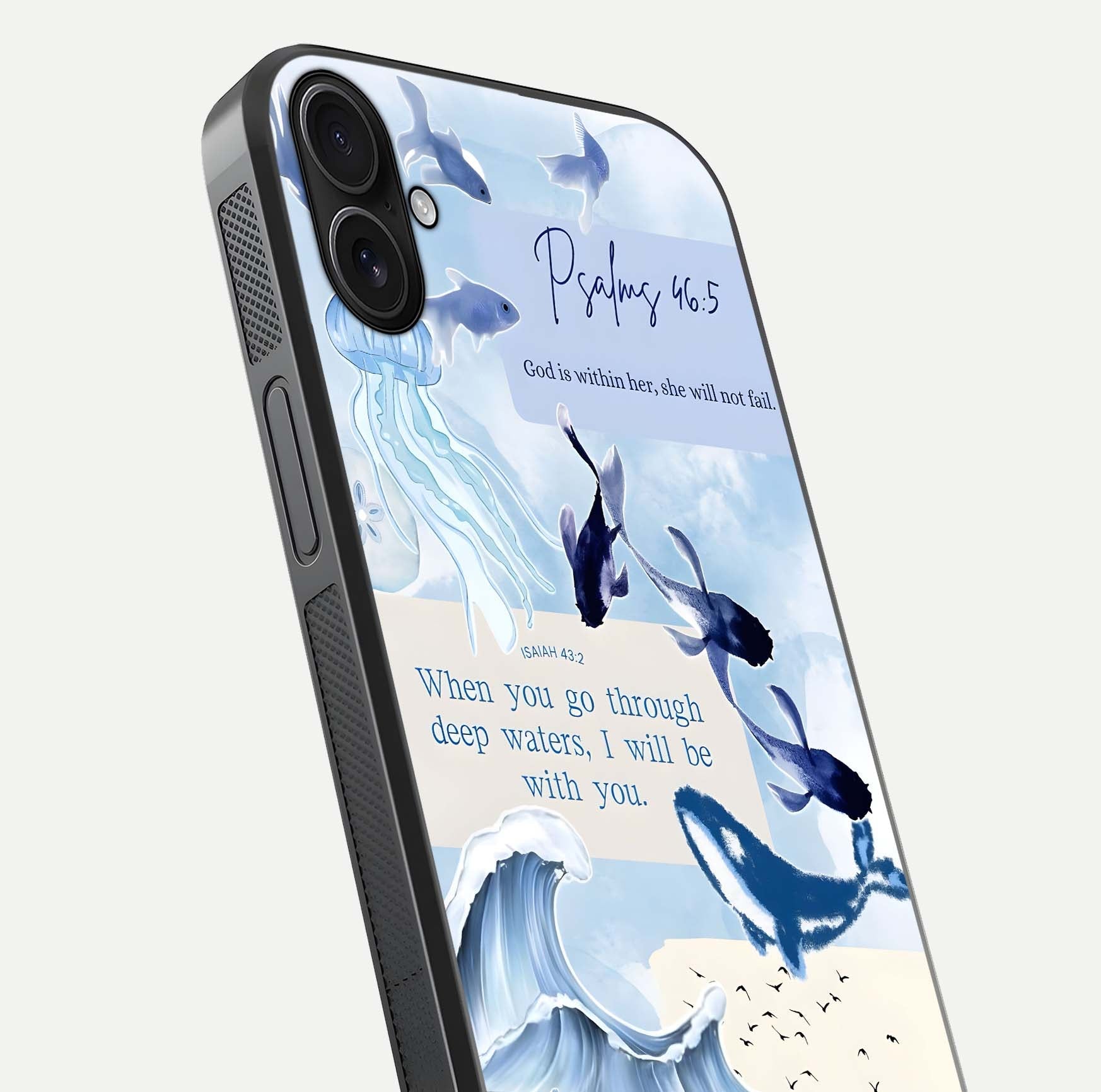 Faithful Ocean Promise Glass Case for iPhone 16 Plus close-up highlighting water reflection and serene blue tones
