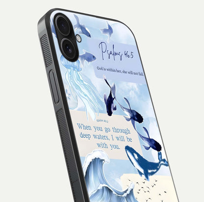 Faithful Ocean Promise Glass Case for iPhone 16 Plus close-up highlighting water reflection and serene blue tones