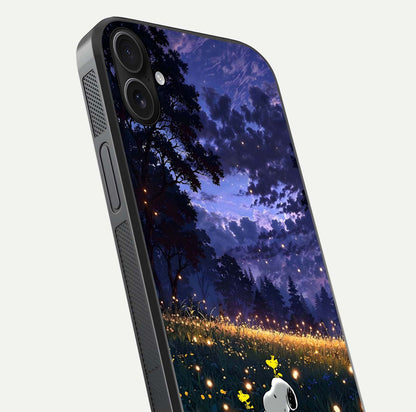 Firefly Meadow Magic Glass Case for iPhone 16 Plus close-up highlighting luminous firefly light and reflection detail