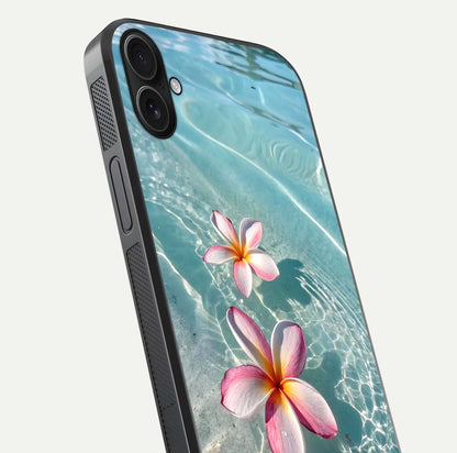 Floating Bloom Bliss Glass Case for iPhone 16 Plus close-up highlighting petal detail and reflection tone