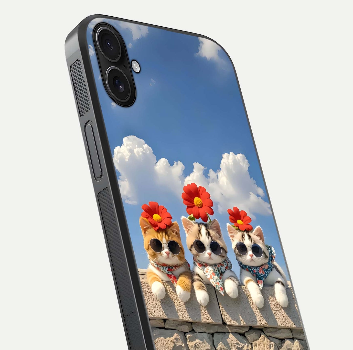 Floral Kitty Squad Glass Case for iPhone 16 Plus close-up highlighting cat detail and flower patterns with HD shine