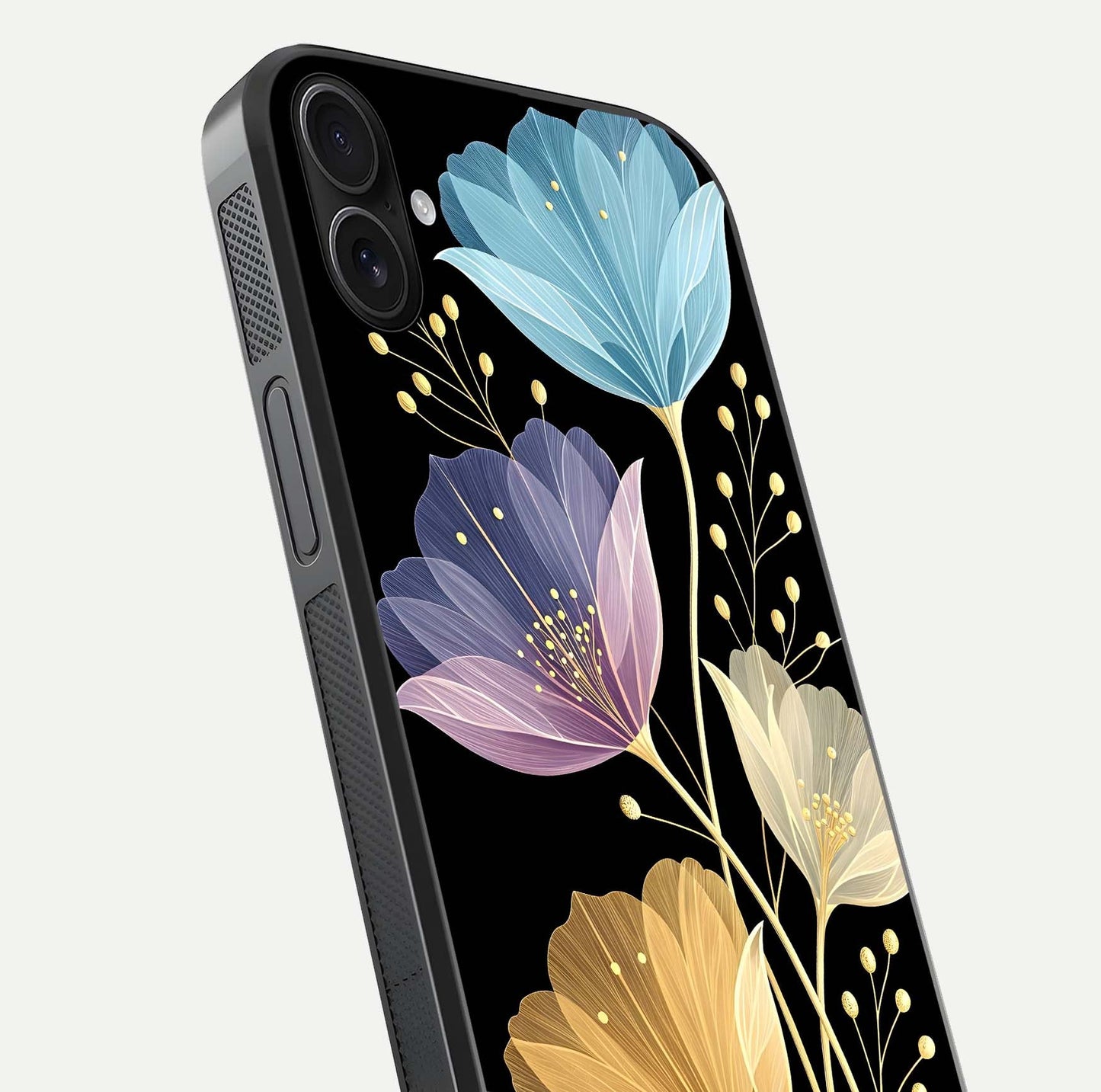 Flower Bloom Glow Glass Case for iPhone 16 Plus close-up highlighting bloom detail and reflection polish