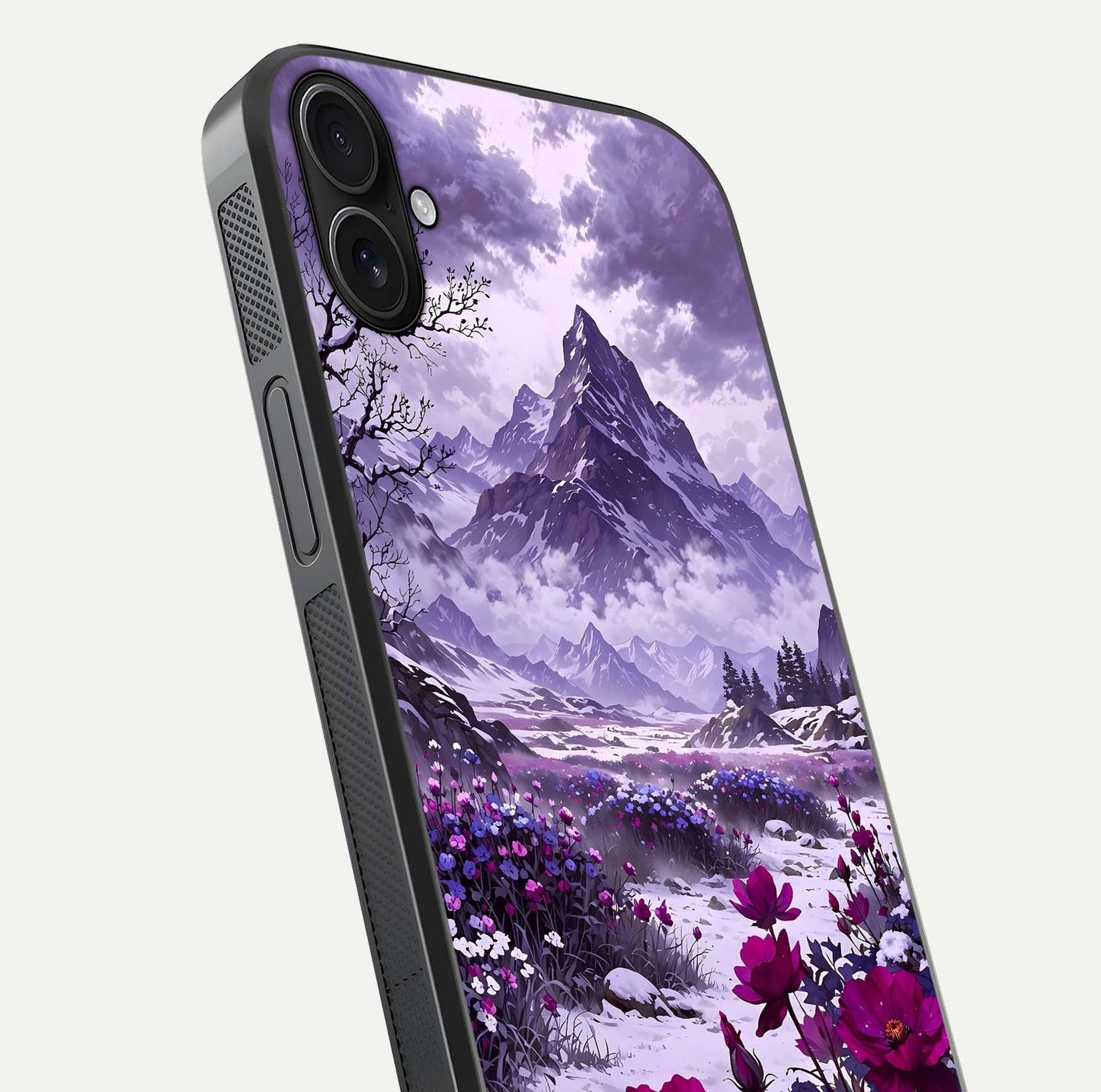 Flower Mountain View Glass Case for iPhone 16 Plus close-up highlighting petal details and sky reflection