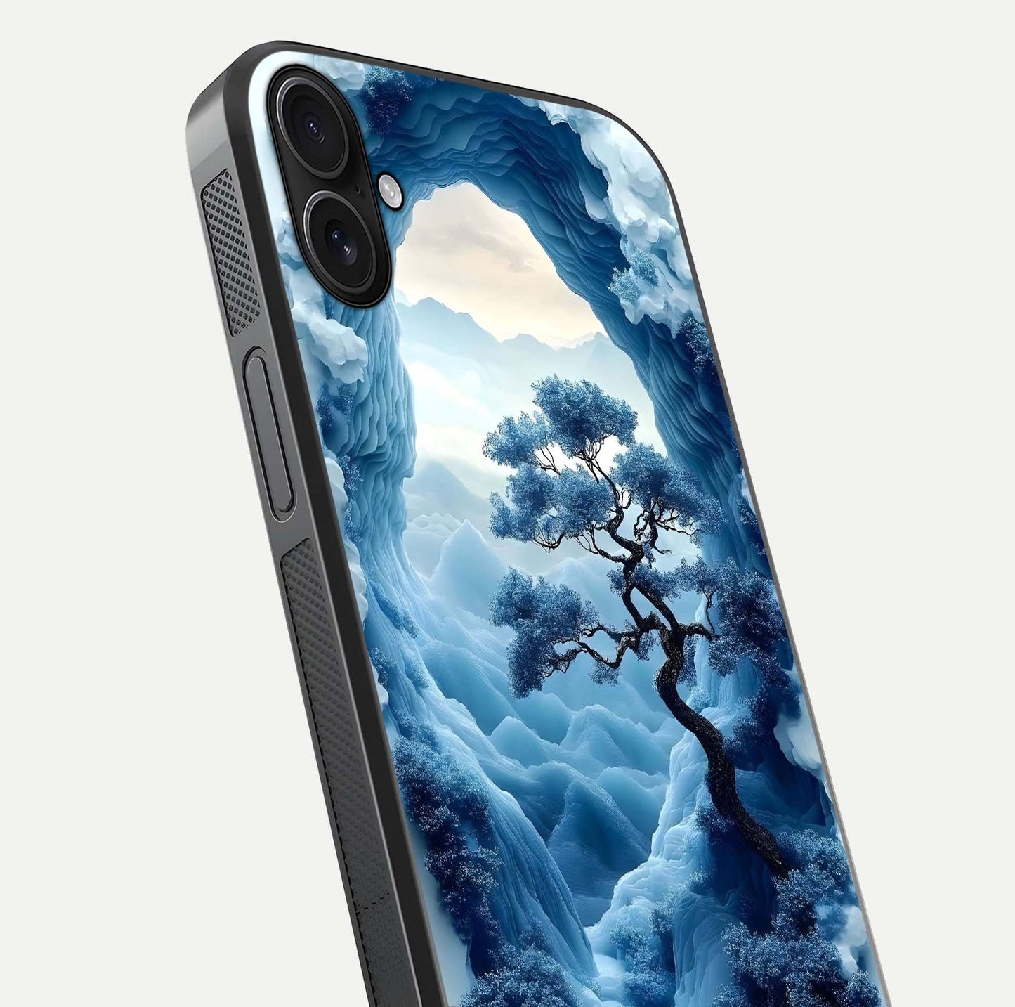 Frozen Serenity Gate Glass Case for iPhone 16 Plus close-up highlighting frosted texture and reflection tone