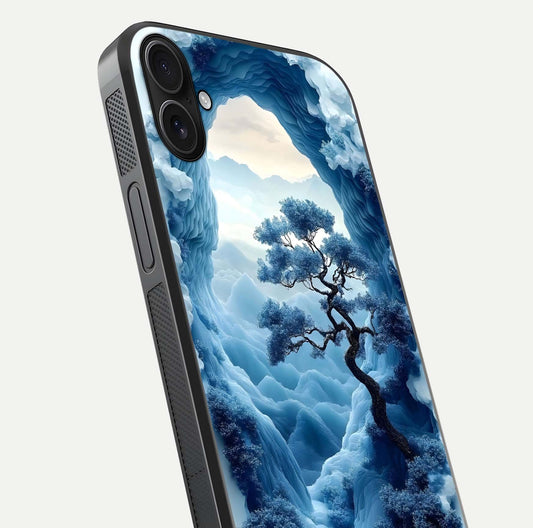 Frozen Serenity Gate Glass Case for iPhone 16 Plus close-up highlighting frosted texture and reflection tone
