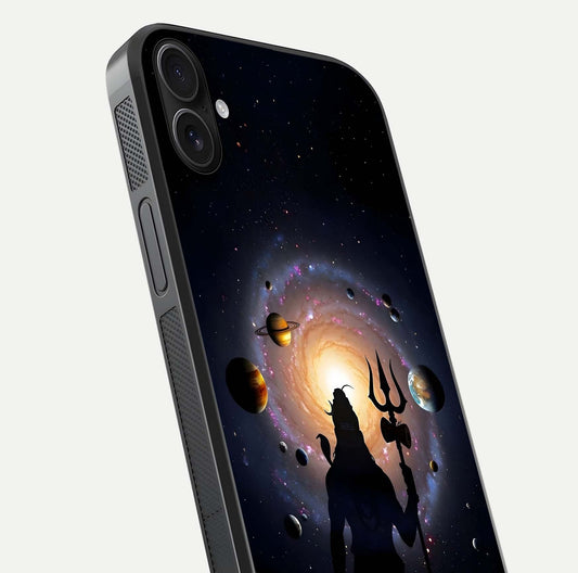 Galactic Shiva Vision Glass Case for iPhone 16 Plus close-up angled shot highlighting divine aura, trident details, and reflection shine