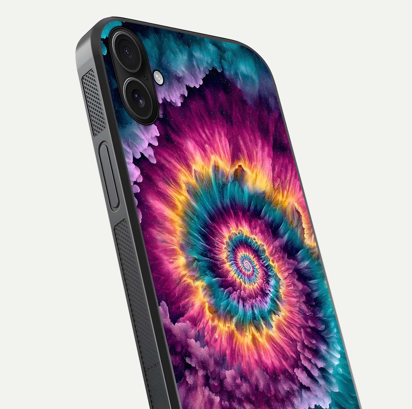 Galactic Spiral Burst Glass Case for iPhone 16 Plus close-up angled shot showing spiral burst detail, neon tones, and glossy reflection