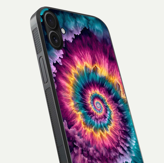 Galactic Spiral Burst Glass Case for iPhone 16 Plus close-up angled shot showing spiral burst detail, neon tones, and glossy reflection