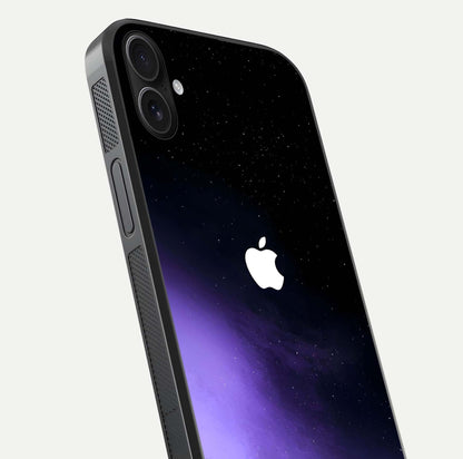 Galaxy Apple Aura Glass Case for iPhone 16 Plus close-up angled shot showing aura lighting and reflection polish