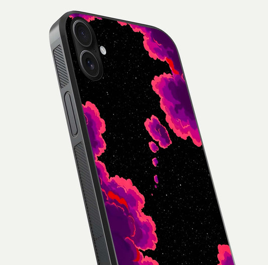 Galaxy Dream Frame Glass Case for iPhone 16 Plus close-up angled shot showing nebula patterns and reflection glow