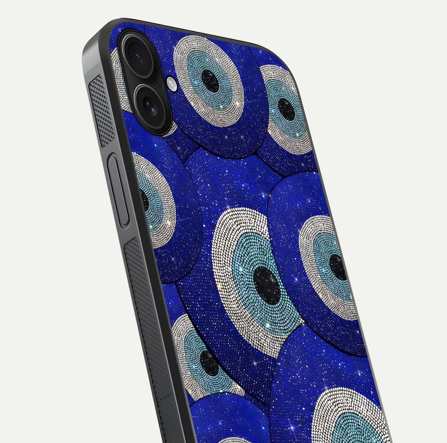Galaxy Eye Flow Glass Case for iPhone 16 Plus close-up angled shot showing vivid swirl detail and reflection brightness