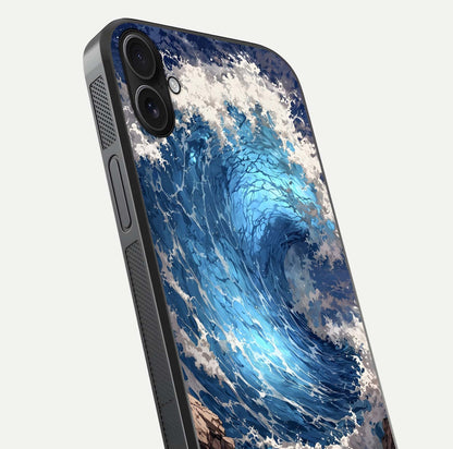 Giant Ocean Wave Glass Case for iPhone 16 Plus close-up angled shot showing wave texture and water reflection shine