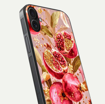 Golden Bloom Glow Glass Case for iPhone 16 Plus close-up angled shot showing metallic tones and reflection brilliance
