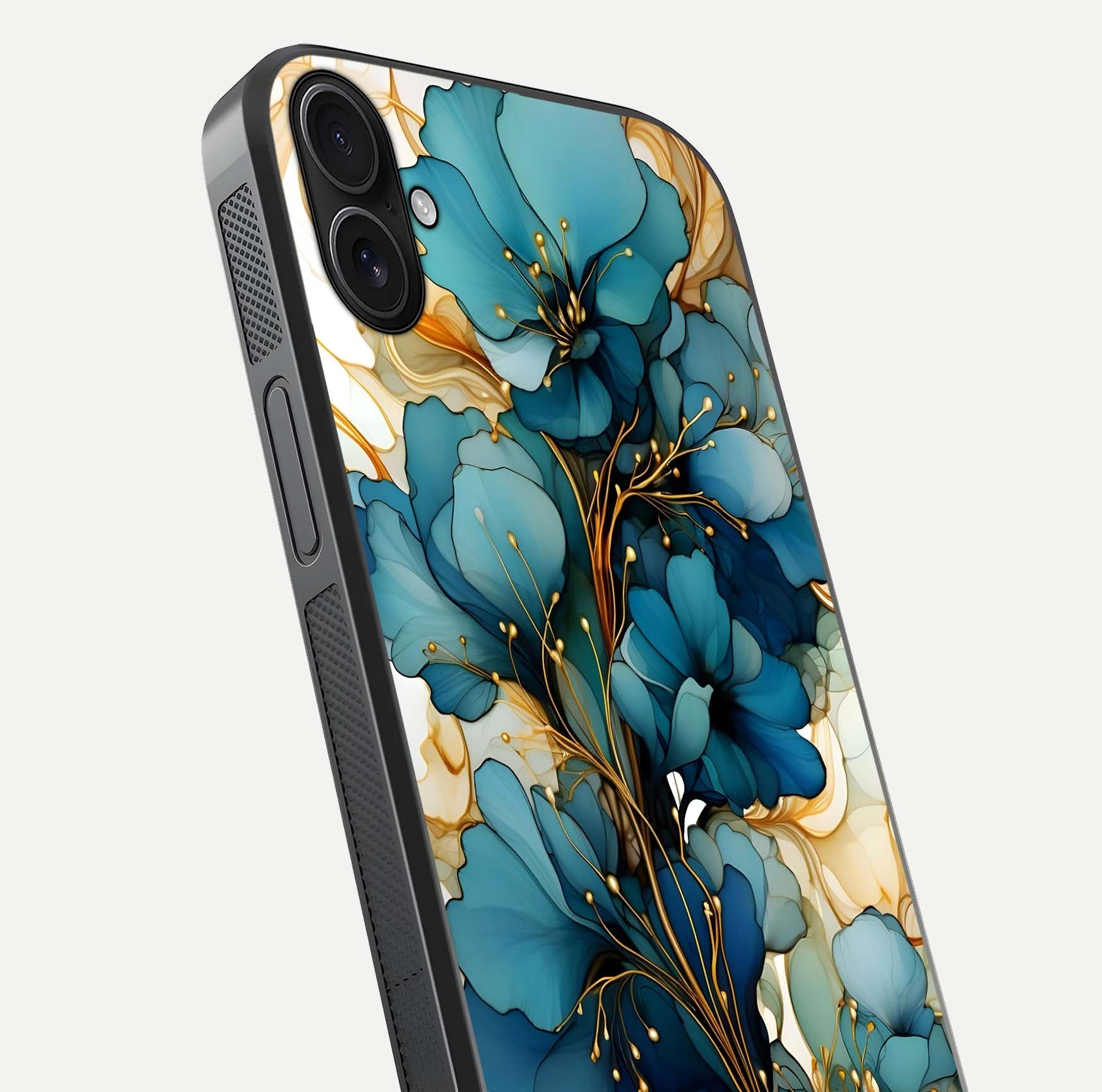 Golden Bloom Symphony Glass Case for iPhone 16 Plus close-up angled shot showing detailed petals and metallic gold reflection
